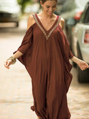 the KAFTAN BOHO - Plus Size Maroon V-Neck Kaftan Dress with Cold Shoulder Batwing Sleeves - Casual & Elegant Beach Cover-Up, Detail, Mid-Length for Women, Beach Dress