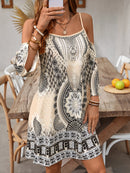 the ELEGANT BAROQUE BOHO - Women's Off-Shoulder Bohemian Print Dress - Black and White Geometric Pattern, Sleeveless, Perfect for Beach and Casual Attire, Beach Attire | Bohemian Style | Strapless Design