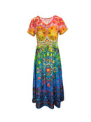 the RAINBOW GEOMETRIC BOHO - Women's Vibrant Floral Print V-Neck Maxi Dress - Short Sleeve, Loose Fit, Perfect for Spring/Summer Vacations, Lightweight Polyester Blend, Casual Style