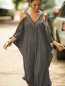 the KAFTAN BOHO - Plus Size Maroon V-Neck Kaftan Dress with Cold Shoulder Batwing Sleeves - Casual & Elegant Beach Cover-Up, Detail, Mid-Length for Women, Beach Dress