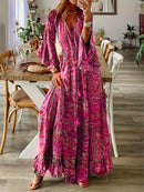 the PAISLEY PRINCESS - Boho Chic Floral Print V-Neck Maxi Dress with Bell Sleeves - High Waist, Long Length, Ruffled Hem, Lightweight Polyester Blend for Women - Perfect for Spring/Summer Casual Wear, Cute Dress