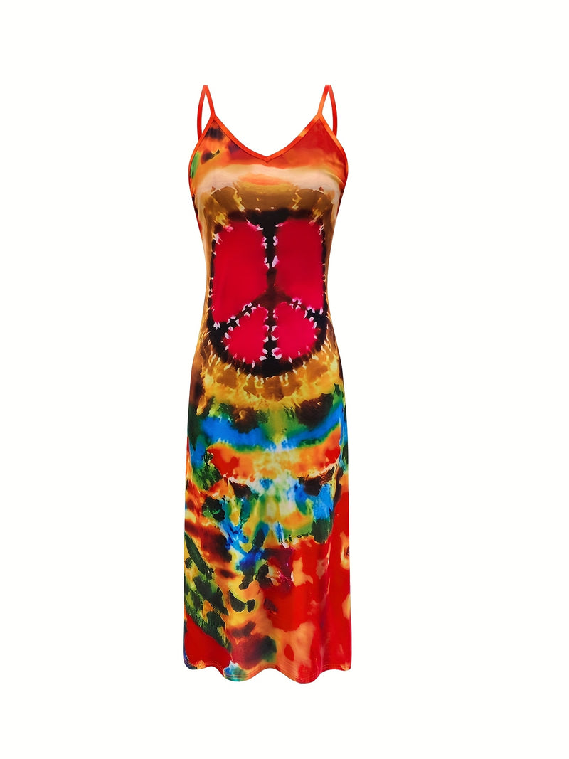 the PEACE BABY BOHO - Women's Tie-Dye V-Neck Dress, Abstract Gradient Color Block, Breathable 3D Print Knit Fabric, All-Season Casual Vacation Style, Slip Dress with A-Line Long Hem