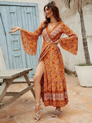 the ORANGE OASIS - Bohemian Floral Print Maxi Dress with Flutter Sleeves and Lace-Up Waist - Long V-Neck Wrap Dress for Women, Perfect for Vacation and Casual Wear, Bohemian Style
