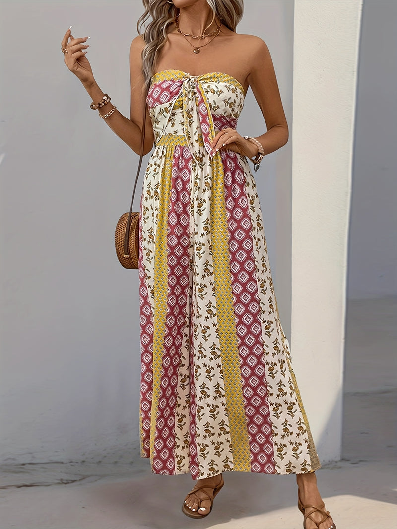 the BANDEAU BOHO - Summer High Waist Tie Wide Leg Pants Range Patchwork Style Casual Wide Leg Long Pants