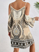 the ELEGANT BAROQUE BOHO - Women's Off-Shoulder Bohemian Print Dress - Black and White Geometric Pattern, Sleeveless, Perfect for Beach and Casual Attire, Beach Attire | Bohemian Style | Strapless Design