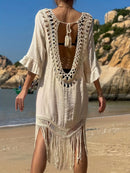 the TASSEL BOHO - Women's Bohemian V-Neck Tassel Dress - Loose-Fitting, Beige Maxi Dress with Fringe Detail, Perfect for Beach and Casual Attire, Beach Coverup | Bohemian Style |Tassel Detail Beach Dress