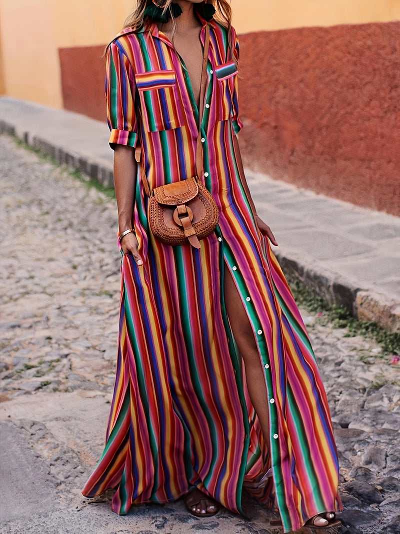 bohemia striped shirt maxi dress Striped Button Down Long Sleeve Collared Flowy Boutique Maxi Shirt Dress Peach Orange / S-M-L/2-2-2