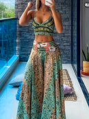 the COACHELLA BOHO - Printed Suspender Elastic Waist Skirt and Wide Leg Pants Two-Piece Set