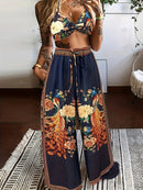 the ROYAL BOHO - Floral Print Vacation Pants Set, Tie Backless Crop Halter Top & Wide Leg Knotted Front Pants Outfits, Women's Clothing