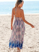 the BLUE HAWAII - Boho Chic Sleeveless Halter Maxi Dress - Floral Paisley Print, Vibrant Blue & Floral Design, A-Line Silhouette, Perfect for Spring/Summer/Fall Beach Outings