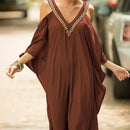 the KAFTAN BOHO - Plus Size Maroon V-Neck Kaftan Dress with Cold Shoulder Batwing Sleeves - Casual & Elegant Beach Cover-Up, Detail, Mid-Length for Women, Beach Dress