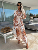 the ELEGANT LADY - Bohemian Style Women's Long Maxi Dress, Polyester V-Neck with Lantern Sleeves, Pop Print Pattern, Fitted Waist, No Belt, for All Seasons