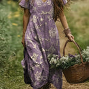 the LAVENDER FIELDS - Bohemian Folk Digital Print Short-Sleeve Linen Dress