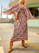 the ANGELIC COWGIRL - Paisley Print V-Neck Dress, Casual Long Sleeve Dress for Spring/Fall