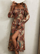 the PAISLEY PARADISE - Paisley Print Square Neck Dress, Elegant Long Sleeve Split Hem Slim Dress For Spring & Fall, Women's Clothing