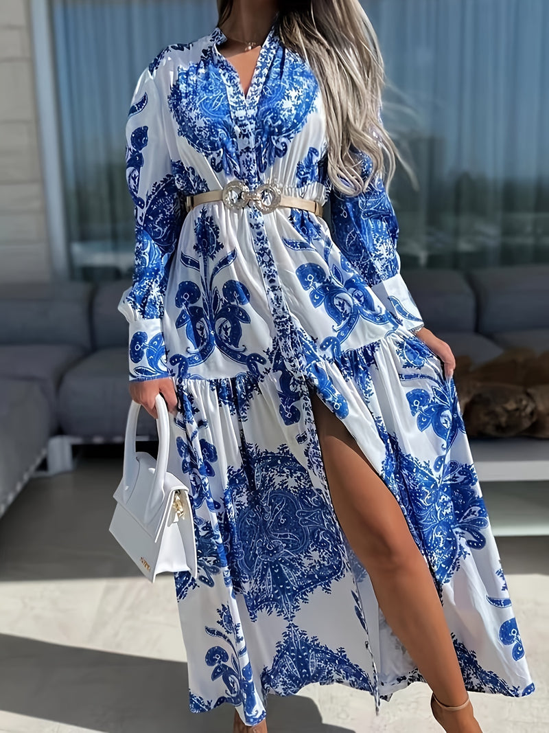 the ELEGANT LADY - Bohemian Style Women's Long Maxi Dress, Polyester V-Neck with Lantern Sleeves, Pop Print Pattern, Fitted Waist, No Belt, for All Seasons