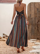 the BEACH BOHEMIAN - Women's Bohemian Style Long Beach Dress - Off-Shoulder, Striped Maxi Skirt with Knot Detail, Sleeveless A-Line Silhouette for Spring/Summer/Fall, Casual Vacation Attire | Vacation Ready | Bohemian Vibes