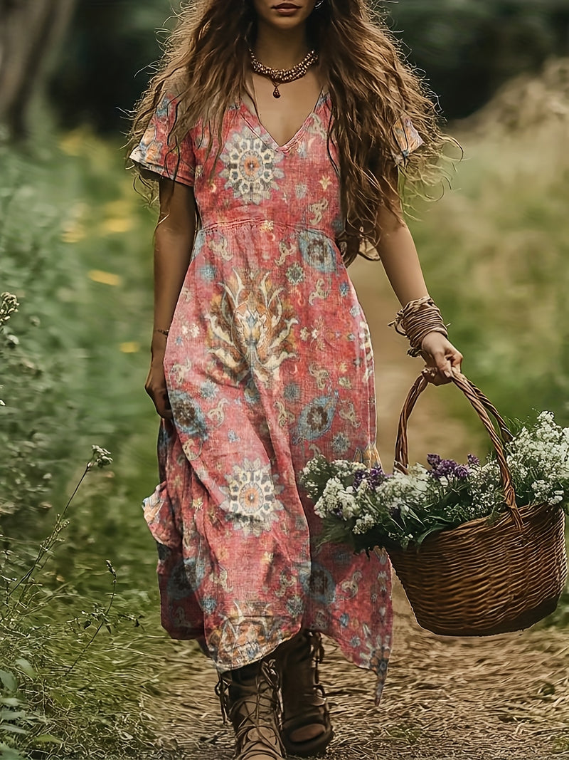 the FADED BOHO - Women's Bohemian Floral Print V-Neck Maxi Dress - Short Sleeve, Casual & Elegant for Vacation or Outing, Pink with Yellow & Blue Accents, Polyester Blend, Lightweight & Flowy Design