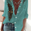 the TRIBAL FEATHER - Women's Vintage Western-Style Bohemian & Leaf Print Shirt - Turquoise Round Neck Button-Up Casual Top, Lightweight Woven Polyester, All-Season Comfort Fit, Boho Chic Apparel | Buttondown Dress | Tribal Pattern Top