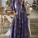 the PAISLEY PRINCESS - Boho Chic Floral Print V-Neck Maxi Dress with Bell Sleeves - High Waist, Long Length, Ruffled Hem, Lightweight Polyester Blend for Women - Perfect for Spring/Summer Casual Wear, Cute Dress