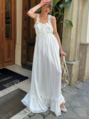 the WHITE WHISPER - Women's Summer Boho Dress, Square Neck Strapped A-Line Maxi Sundress Solid Color Ruffle Beach Long Dresses
