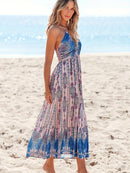 the BLUE HAWAII - Boho Chic Sleeveless Halter Maxi Dress - Floral Paisley Print, Vibrant Blue & Floral Design, A-Line Silhouette, Perfect for Spring/Summer/Fall Beach Outings