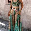 the COACHELLA BOHO - Printed Suspender Elastic Waist Skirt and Wide Leg Pants Two-Piece Set