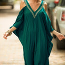 the KAFTAN BOHO - Plus Size Maroon V-Neck Kaftan Dress with Cold Shoulder Batwing Sleeves - Casual & Elegant Beach Cover-Up, Detail, Mid-Length for Women, Beach Dress