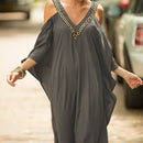 the KAFTAN BOHO - Plus Size Maroon V-Neck Kaftan Dress with Cold Shoulder Batwing Sleeves - Casual & Elegant Beach Cover-Up, Detail, Mid-Length for Women, Beach Dress