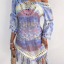 the BEACH BOHO - Women's Bohemian Crochet Fringe Hem Cowl Neck Dress - Lightweight Tie-Dye Pattern, Long Sleeve Casual Summer Dress for Beach Outings & Festivals, Festival Attire | Intricate Craftsmanship