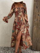 the PAISLEY PARADISE - Paisley Print Square Neck Dress, Elegant Long Sleeve Split Hem Slim Dress For Spring & Fall, Women's Clothing