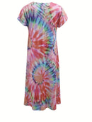 the TO DYE FOR BOHO - Vibrant Tie-Dye V-Neck Maxi Dress for Women - Casual Short Sleeve Summer Dress in Flowing A-Line Cut, Lightweight Polyester Blend, Perfect for Beach or Casual Attire, Beach Dress