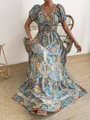 the VINTAGE PAISLEY BOHO - Plus Size Paisley Print Off Shoulder Dress, Elegant V-Neck Short Sleeve Dress for Spring & Summer, Women's Plus Size Clothing