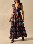 the MIDNIGHT JUNGLE - Fashionable and Elegant Women's Sleeveless Deep V-Neck Casual Vacation Beach Dress Featuring a Bohemian Style with Tropical Leopard, Pineapple and Toucan Prints, Perfect for Summer.