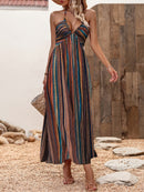 the BEACH BOHEMIAN - Women's Bohemian Style Long Beach Dress - Off-Shoulder, Striped Maxi Skirt with Knot Detail, Sleeveless A-Line Silhouette for Spring/Summer/Fall, Casual Vacation Attire | Vacation Ready | Bohemian Vibes