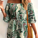 the PAISLEY ROMPER - Paisley Print Off Shoulder Romper Jumpsuit, Vacation Bell Sleeve Cinched Waist Romper Jumpsuit, Women's Clothing