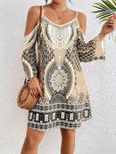 the ELEGANT BAROQUE BOHO - Women's Off-Shoulder Bohemian Print Dress - Black and White Geometric Pattern, Sleeveless, Perfect for Beach and Casual Attire, Beach Attire | Bohemian Style | Strapless Design