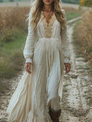 the BOHO WEDDING - Elegant Bohemian Vintage Lace-Trim High-Waist A-Line Maxi Dress for Women - Long Sleeve, V-Neck, Lightweight Polyester, Perfect for Spring & Fall