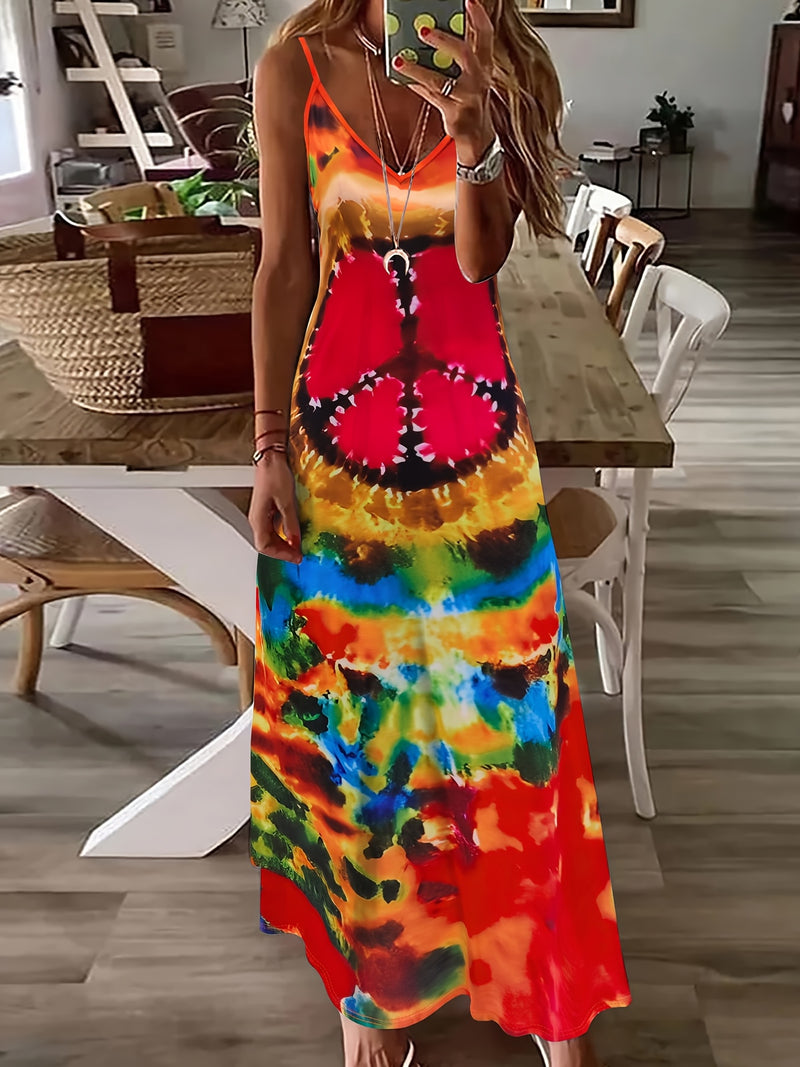 the PEACE BABY BOHO - Women's Tie-Dye V-Neck Dress, Abstract Gradient Color Block, Breathable 3D Print Knit Fabric, All-Season Casual Vacation Style, Slip Dress with A-Line Long Hem