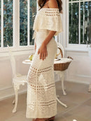 the CROTCHED BOHO - Women's Bohemian Off-Shoulder Strapless Knit Dress - Lightweight 100% Polyester Long Flowy Maxi with Adjustable Waist Tie & Geometric Lace Cut-Outs, Semi-Sheer Boho Chic Resort Dress for Spring/Summer Vacation, Vacation Attire