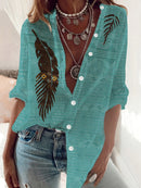 the TRIBAL FEATHER - Women's Vintage Western-Style Bohemian & Leaf Print Shirt - Turquoise Round Neck Button-Up Casual Top, Lightweight Woven Polyester, All-Season Comfort Fit, Boho Chic Apparel | Buttondown Dress | Tribal Pattern Top