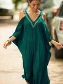 the KAFTAN BOHO - Plus Size Maroon V-Neck Kaftan Dress with Cold Shoulder Batwing Sleeves - Casual & Elegant Beach Cover-Up, Detail, Mid-Length for Women, Beach Dress