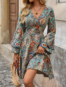 the PRETTY PAISLEY BOHO - Lightweight Design Elegant Paisley Print A-Line Dress for Women - Deep V-Neck, Layered Bell Sleeves, Cinched Waist, Polyester Blend, Machine Washable