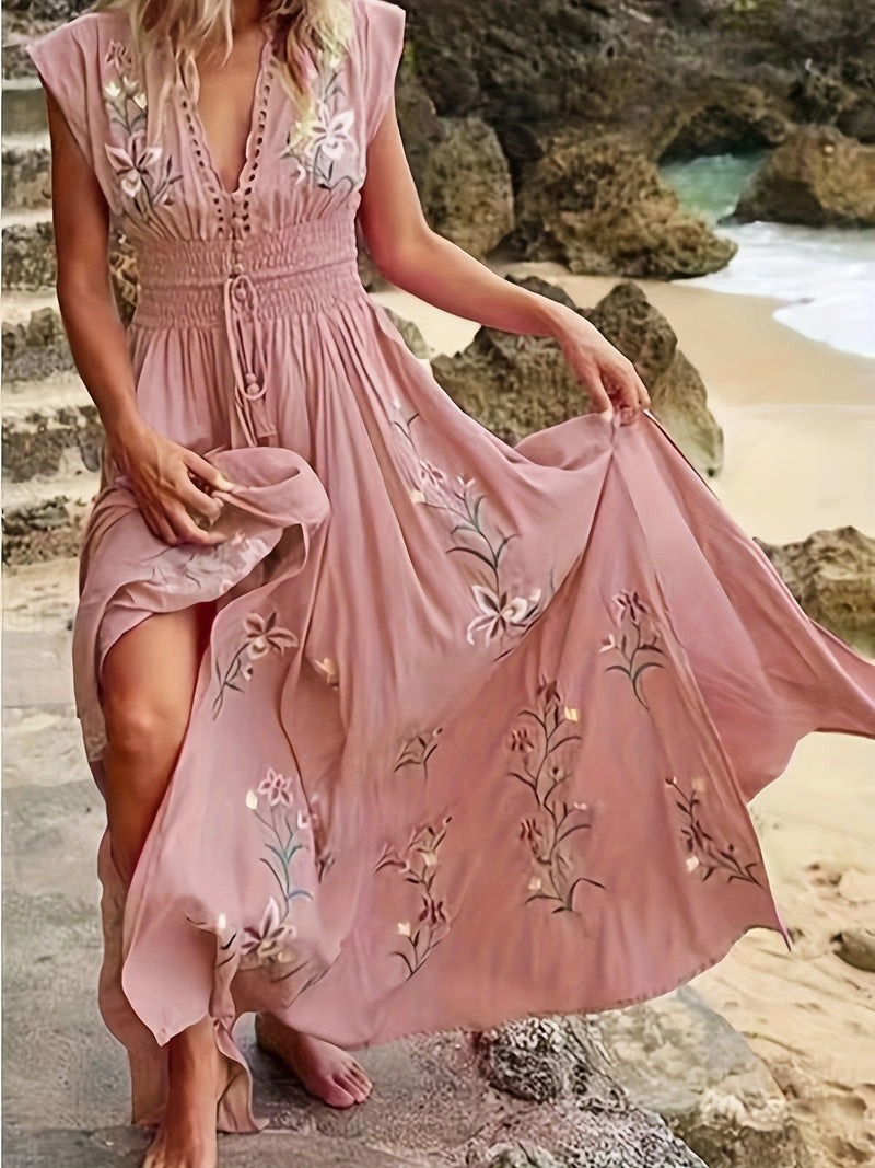 the TRANQUILITY BOHO - V-Neck French Beach Bohemian Print Dress