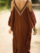 the KAFTAN BOHO - Plus Size Maroon V-Neck Kaftan Dress with Cold Shoulder Batwing Sleeves - Casual & Elegant Beach Cover-Up, Detail, Mid-Length for Women, Beach Dress