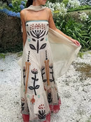 the TRIBAL TRIBUTE - Tribal Print Spaghetti Strap Dress, Boho Sleeveless Ruffle Hem A-Line Cami Dress For Spring & Summer, Women's Clothing