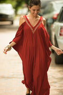 the KAFTAN BOHO - Plus Size Maroon V-Neck Kaftan Dress with Cold Shoulder Batwing Sleeves - Casual & Elegant Beach Cover-Up, Detail, Mid-Length for Women, Beach Dress