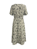 the OLIVE BRANCH BOHO - Boho Chic Floral Print Maxi Dress for Women - Elegant V-Neck, Short Sleeve, Cinched Waist A-Line Dress with Ruffled Hem, Lightweight Polyester Blend, Perfect for Spring & Summer Outings, Vacations, and Casual Wear, Vacation Boho