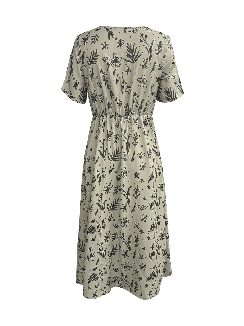 the OLIVE BRANCH BOHO - Boho Chic Floral Print Maxi Dress for Women - Elegant V-Neck, Short Sleeve, Cinched Waist A-Line Dress with Ruffled Hem, Lightweight Polyester Blend, Perfect for Spring & Summer Outings, Vacations, and Casual Wear, Vacation Boho