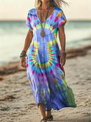 the BLUE AURA BOHO - Vibrant Tie-Dye Print V-Neck Maxi Dress for Women - Casual Short Sleeve Summer Beach Dress in Blues, Purples & Yellows, Autumn Attire | V-Neck Flowy Dress | Stretchable Fabric, Beach Clothes
